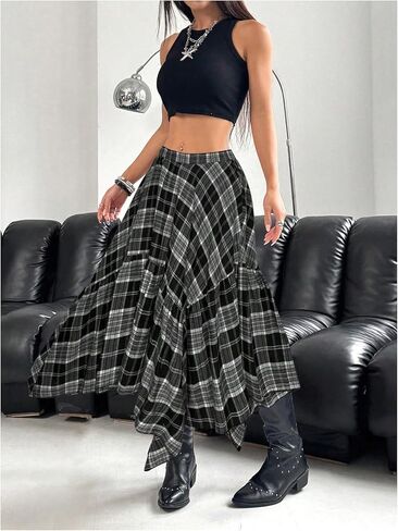 WDIRARA Women's Plus Size Tartan Plaid Uneven Hem Maxi Skirts Y2k A Line Skirt in Saudi Arabia