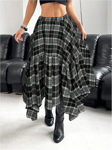 WDIRARA Women's Plus Size Tartan Plaid Uneven Hem Maxi Skirts Y2k A Line Skirt in Saudi Arabia