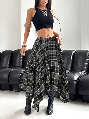 WDIRARA Women's Plus Size Tartan Plaid Uneven Hem Maxi Skirts Y2k A Line Skirt in Saudi Arabia