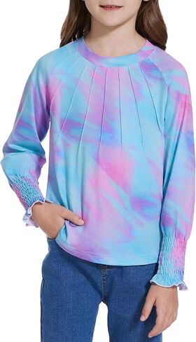Girls Tops Long Sleeve Shirts Pleated Shirts Crew Neck Trim with Smocked Cuff Blouses 4-12 Years in Saudi Arabia