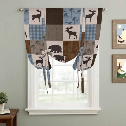 Blue Checkered Cabin Tie Up Curtains for Window, Farmhouse Forest Brown Buffalo Plaid Thermal Insulated Balloon Shade Rod Pocket Curtains Valance Panels for Kitchen Bathroom Café 42'' x 63'' in Saudi Arabia