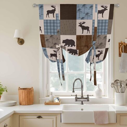 Blue Checkered Cabin Tie Up Curtains for Window, Farmhouse Forest Brown Buffalo Plaid Thermal Insulated Balloon Shade Rod Pocket Curtains Valance Panels for Kitchen Bathroom Café 42'' x 63'' in Saudi Arabia