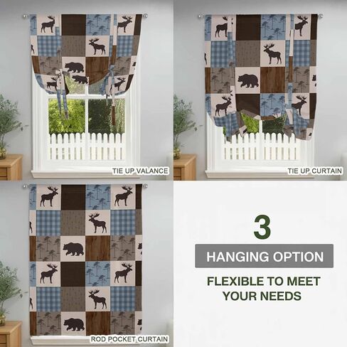 Blue Checkered Cabin Tie Up Curtains for Window, Farmhouse Forest Brown Buffalo Plaid Thermal Insulated Balloon Shade Rod Pocket Curtains Valance Panels for Kitchen Bathroom Café 42'' x 63'' in Saudi Arabia
