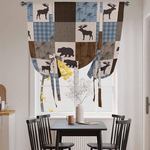 Blue Checkered Cabin Tie Up Curtains for Window, Farmhouse Forest Brown Buffalo Plaid Thermal Insulated Balloon Shade Rod Pocket Curtains Valance Panels for Kitchen Bathroom Café 42'' x 63'' in Saudi Arabia
