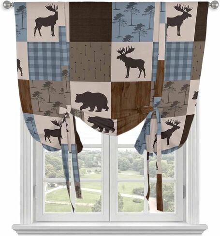 Blue Checkered Cabin Tie Up Curtains for Window, Farmhouse Forest Brown Buffalo Plaid Thermal Insulated Balloon Shade Rod Pocket Curtains Valance Panels for Kitchen Bathroom Café 42'' x 63'' in Saudi Arabia