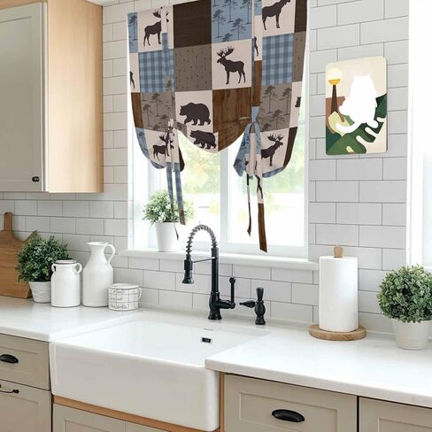 Blue Checkered Cabin Tie Up Curtains for Window, Farmhouse Forest Brown Buffalo Plaid Thermal Insulated Balloon Shade Rod Pocket Curtains Valance Panels for Kitchen Bathroom Café 42'' x 63'' in Saudi Arabia