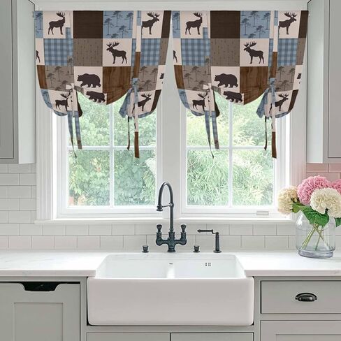 Blue Checkered Cabin Tie Up Curtains for Window, Farmhouse Forest Brown Buffalo Plaid Thermal Insulated Balloon Shade Rod Pocket Curtains Valance Panels for Kitchen Bathroom Café 42'' x 63'' in Saudi Arabia