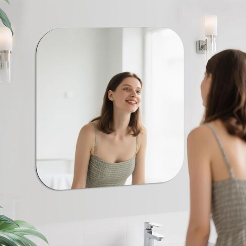 مرآة حمام مربعة بدون إطار مقاس 20 بوصة، مرآة حائط من الزجاج المقسى، مرآة زينة عالية الدقة للمدخل وغرفة المعيشة وديكور المنزل، حواف مستديرة مصقولة، سمك 1/5 بوصة in Kuwait