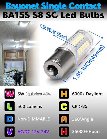1156 BA15S LED Bulbs 12-24V, 1141 1003 7506 6000K Daylight White, Low Voltage Bayonet Single Contact, 5W 500LM Replacement For RV Landscape Interior Lights Camper Marine Boat Trailer Lights, 4Pack in Saudi Arabia