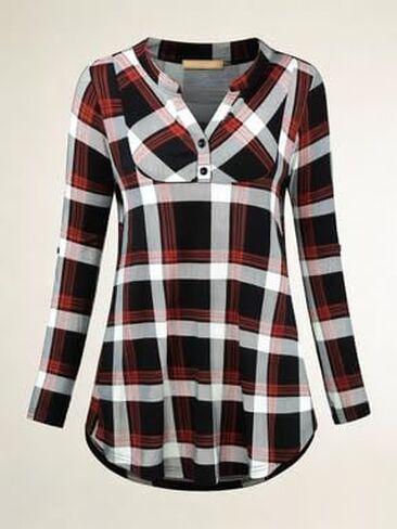 Women's Buffalo Plaid V-Neck Tunic – Roll Sleeve Loose Flowy Blouse in Saudi Arabia