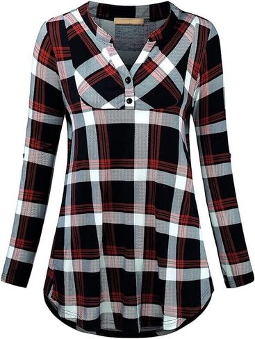 Women's Buffalo Plaid V-Neck Tunic – Roll Sleeve Loose Flowy Blouse in Saudi Arabia