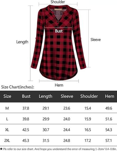Women's Buffalo Plaid V-Neck Tunic – Roll Sleeve Loose Flowy Blouse in Saudi Arabia