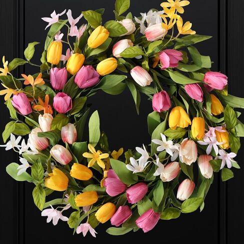 22" Tulip Wreath Spring/Summer Wreaths Artificial Floral Wreaths for Front Door Yellow Pink Tulip Easter Wreath for Indoor Outdoor Home Holiday Party Wedding Decor in Saudi Arabia