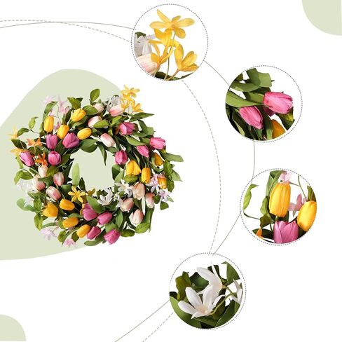22" Tulip Wreath Spring/Summer Wreaths Artificial Floral Wreaths for Front Door Yellow Pink Tulip Easter Wreath for Indoor Outdoor Home Holiday Party Wedding Decor in Saudi Arabia