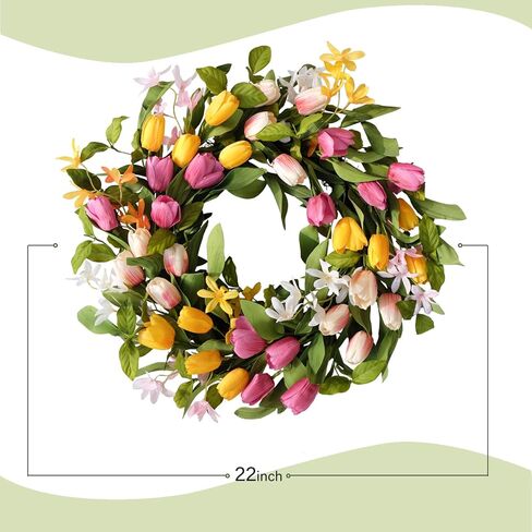22" Tulip Wreath Spring/Summer Wreaths Artificial Floral Wreaths for Front Door Yellow Pink Tulip Easter Wreath for Indoor Outdoor Home Holiday Party Wedding Decor in Saudi Arabia