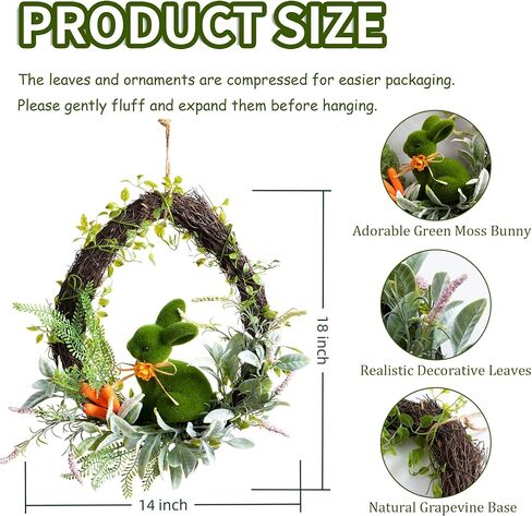 Easter Wreath for Front Door 18" Rustic Moss Bunny Floral Wreath Rabbit Decorations Spring Decor Door Wreath for Home Party Easter Gifts Celebrations in Saudi Arabia