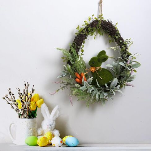 Easter Wreath for Front Door 18" Rustic Moss Bunny Floral Wreath Rabbit Decorations Spring Decor Door Wreath for Home Party Easter Gifts Celebrations in Saudi Arabia