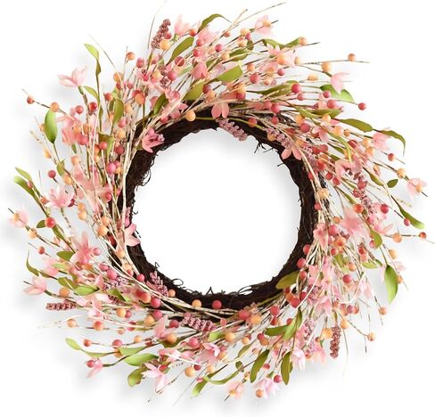 Pink Spring Wreath for Front Door, 24 Inch Artificial Cherry Wreath for Home Decor, Spring Door Wreath for Easter Mothers Day Farmhouse Home Indoor Outdoor Decor in Saudi Arabia