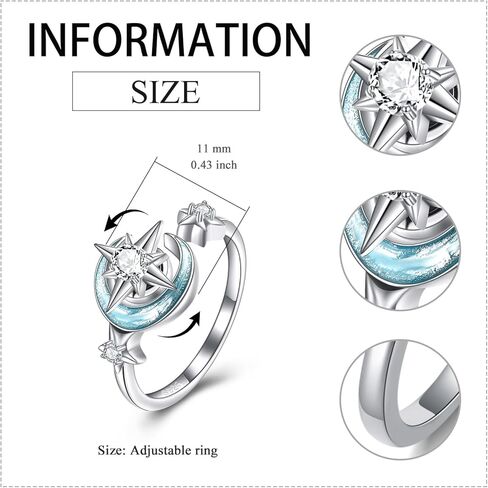 KZX Fidget Anxiety Rings for Women Moon and Star 925 Sterling Silver Spinner Rings for Anxiety Moonstone Adjustable Rings for Anxiety Star and Moon Stress Relief Rings in Saudi Arabia