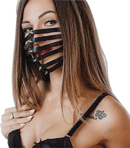 Studded Leather Mask Sexy Half Face Mouth Cover Hallow Rivet Mask Cosplay Costume Accessory for Women Men in Saudi Arabia