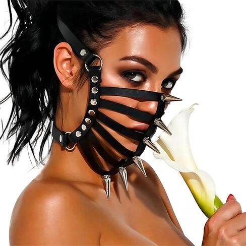 Studded Leather Mask Sexy Half Face Mouth Cover Hallow Rivet Mask Cosplay Costume Accessory for Women Men in Saudi Arabia