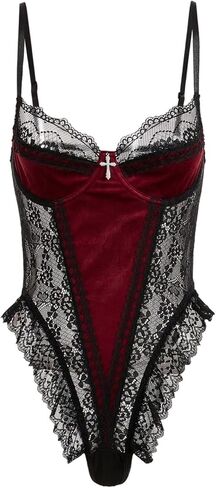 Women's Goth Lace Teddy Lingerie Sheer Mesh Spaghetti Strap Velvet Bodysuit Halloween Outfits in Saudi Arabia