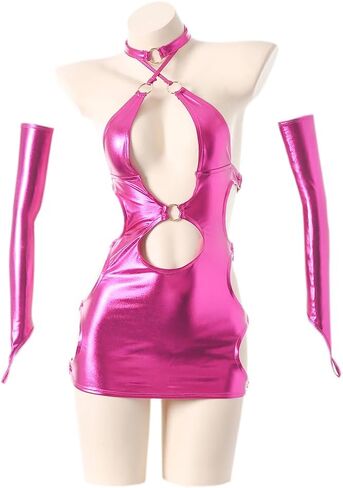 Sexy Lingerie Dress for Women Bodycon Costume outfit underwear cosplay Roleplay Neck Halter cutout Backless Mini Chemise anime Party Nightwear skirt Arm Sleeves set Shiny Pink in Saudi Arabia