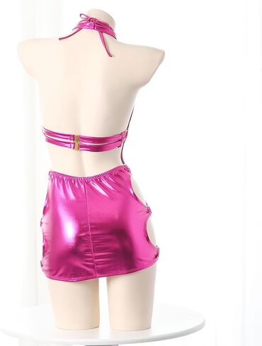 Sexy Lingerie Dress for Women Bodycon Costume outfit underwear cosplay Roleplay Neck Halter cutout Backless Mini Chemise anime Party Nightwear skirt Arm Sleeves set Shiny Pink in Saudi Arabia