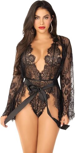 Leg Avenue Women's 3 PC Love Affair Lace Robe and Teddy Set Sexy Lace Lingerie For Women in Saudi Arabia