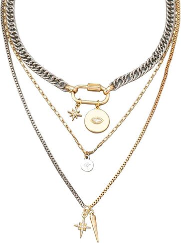 Gold Layered Necklaces,Gold & Silver Two Tone Mixed Metal Necklace,3PS Chunky Paperclip Chain Coin Pendant Trendy Jewelry Statement Jewelry Gift in Kuwait