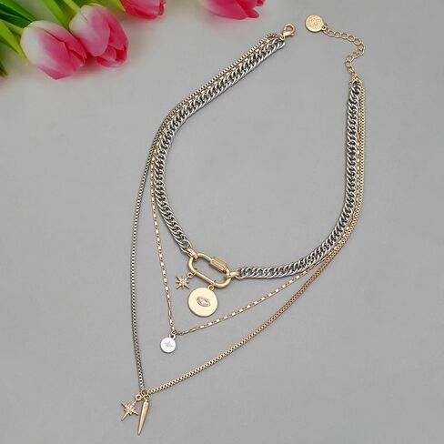 Gold Layered Necklaces,Gold & Silver Two Tone Mixed Metal Necklace,3PS Chunky Paperclip Chain Coin Pendant Trendy Jewelry Statement Jewelry Gift in Kuwait