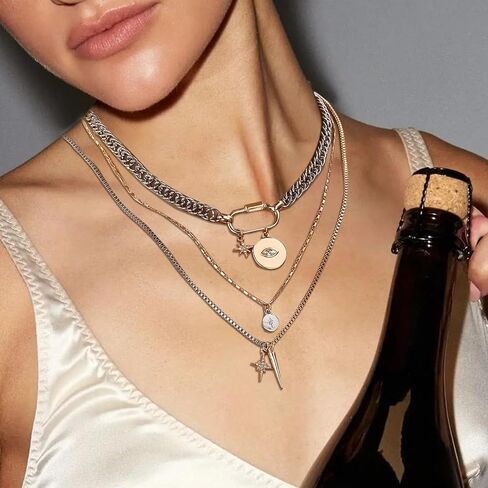 Gold Layered Necklaces,Gold & Silver Two Tone Mixed Metal Necklace,3PS Chunky Paperclip Chain Coin Pendant Trendy Jewelry Statement Jewelry Gift in Kuwait