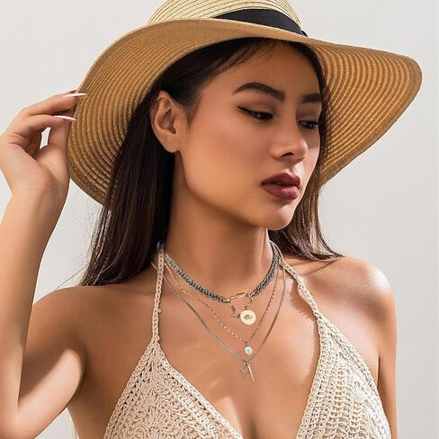 Gold Layered Necklaces,Gold & Silver Two Tone Mixed Metal Necklace,3PS Chunky Paperclip Chain Coin Pendant Trendy Jewelry Statement Jewelry Gift in Kuwait