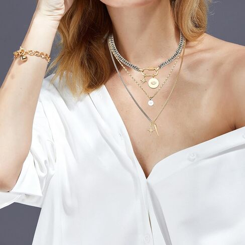 Gold Layered Necklaces,Gold & Silver Two Tone Mixed Metal Necklace,3PS Chunky Paperclip Chain Coin Pendant Trendy Jewelry Statement Jewelry Gift in Kuwait