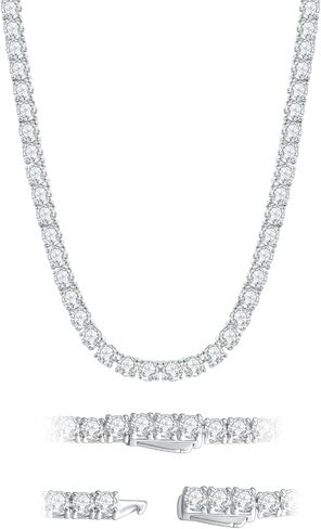 Moissanite Tennis Necklace 3mm-6.5mm (0.1-0.5CT) D/VVS1 Round Cut, 14K White Gold Plated 925 Silver, Hypoallergenic Jewelry Gift for Women Men with GRA Certificate. (3MM, 14 inches) in Saudi Arabia