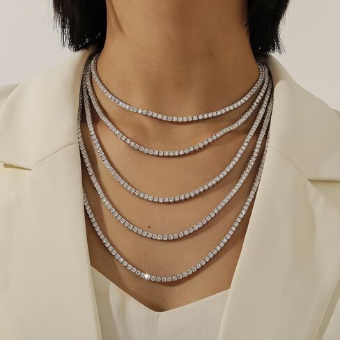 Moissanite Tennis Necklace 3mm-6.5mm (0.1-0.5CT) D/VVS1 Round Cut, 14K White Gold Plated 925 Silver, Hypoallergenic Jewelry Gift for Women Men with GRA Certificate. (3MM, 14 inches) in Saudi Arabia