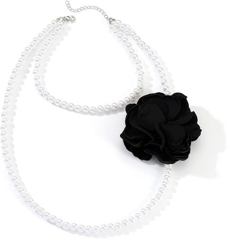 Layered Rose Flower Pearl Necklaces for Women,Boho Fabric String Beads Clavicle Chain Statement Red Black White Flowers Necklace Party Wedding Jewelry in Saudi Arabia