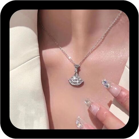 Vintage Crystal Skirt Pendant Necklace Boho Cz Fan-shaped Necklace Rhinestone Princess Skirt Choker Necklace Sparkly Cz Choker Necklace for Women in Kuwait