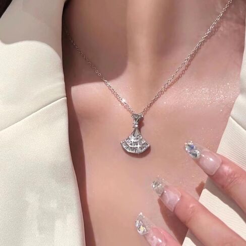Vintage Crystal Skirt Pendant Necklace Boho Cz Fan-shaped Necklace Rhinestone Princess Skirt Choker Necklace Sparkly Cz Choker Necklace for Women in Kuwait