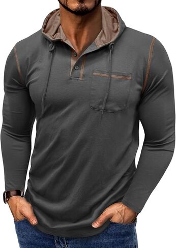 Men’s Henley Hoodie Sweatshirt Button Front Long Sleeve Casual Pullover Warm Layering Top for Fall Winter Outdoor Wear in Saudi Arabia