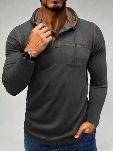Men’s Henley Hoodie Sweatshirt Button Front Long Sleeve Casual Pullover Warm Layering Top for Fall Winter Outdoor Wear in Saudi Arabia