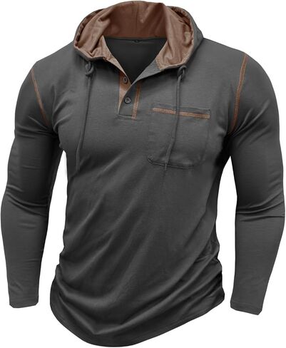 Men’s Henley Hoodie Sweatshirt Button Front Long Sleeve Casual Pullover Warm Layering Top for Fall Winter Outdoor Wear in Saudi Arabia