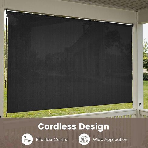 Cordless Outdoor Roller Shades 9'W X 8'L, Patio Roller Blinds Roll Up for Porch Backyard with Spliced Pole Design (3 Poles, One-Piece Fabric), Graphite Black in Saudi Arabia