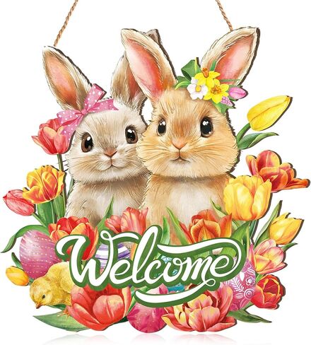 Barydat Easter Door Decoration Bunny Floral Bucket Hanging Sign for Decor for Front Door Welcome Easter Wreath for Home Decor Spring Rabbit Wall Hanger for Porch Outdoor Indoor in Saudi Arabia