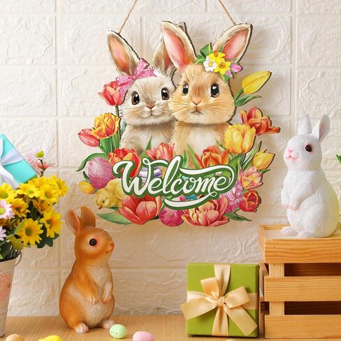 Barydat Easter Door Decoration Bunny Floral Bucket Hanging Sign for Decor for Front Door Welcome Easter Wreath for Home Decor Spring Rabbit Wall Hanger for Porch Outdoor Indoor in Saudi Arabia