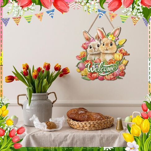 Barydat Easter Door Decoration Bunny Floral Bucket Hanging Sign for Decor for Front Door Welcome Easter Wreath for Home Decor Spring Rabbit Wall Hanger for Porch Outdoor Indoor in Saudi Arabia