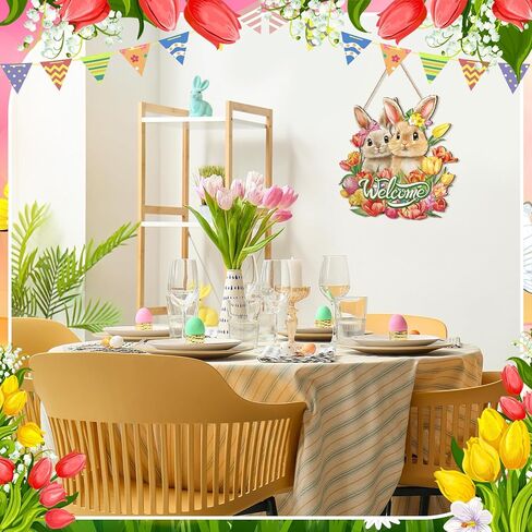 Barydat Easter Door Decoration Bunny Floral Bucket Hanging Sign for Decor for Front Door Welcome Easter Wreath for Home Decor Spring Rabbit Wall Hanger for Porch Outdoor Indoor in Saudi Arabia