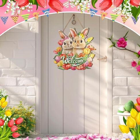 Barydat Easter Door Decoration Bunny Floral Bucket Hanging Sign for Decor for Front Door Welcome Easter Wreath for Home Decor Spring Rabbit Wall Hanger for Porch Outdoor Indoor in Saudi Arabia