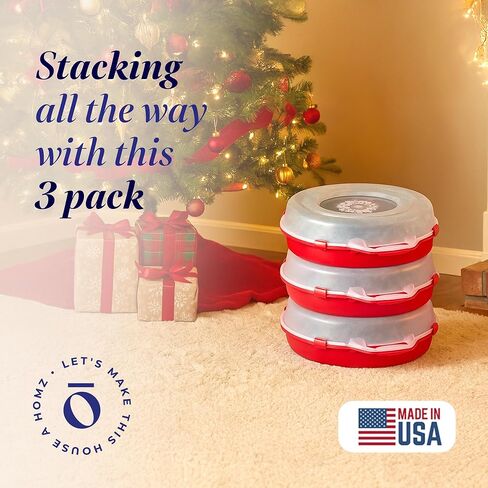 HOMZ 3 عبوات من حاويات تخزين إكليل من البلاستيك الشفاف للعطلات الموسمية مقاس 24 بوصة، باللون الأحمر - صناديق تنظيم الديكور القابلة للتكديس مع أغطية ومقابض لأكاليل عيد الميلاد وأكاليل الزهور in Kuwait