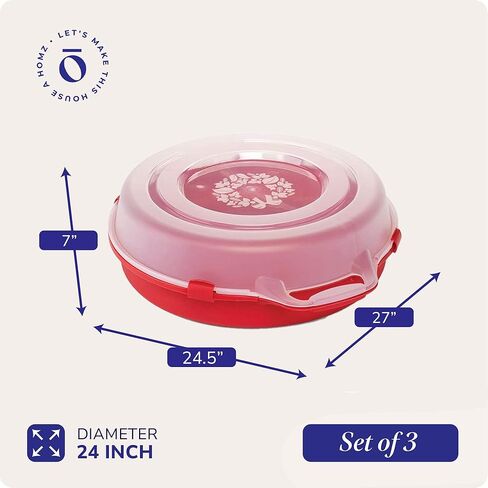 HOMZ 3 عبوات من حاويات تخزين إكليل من البلاستيك الشفاف للعطلات الموسمية مقاس 24 بوصة، باللون الأحمر - صناديق تنظيم الديكور القابلة للتكديس مع أغطية ومقابض لأكاليل عيد الميلاد وأكاليل الزهور in Kuwait